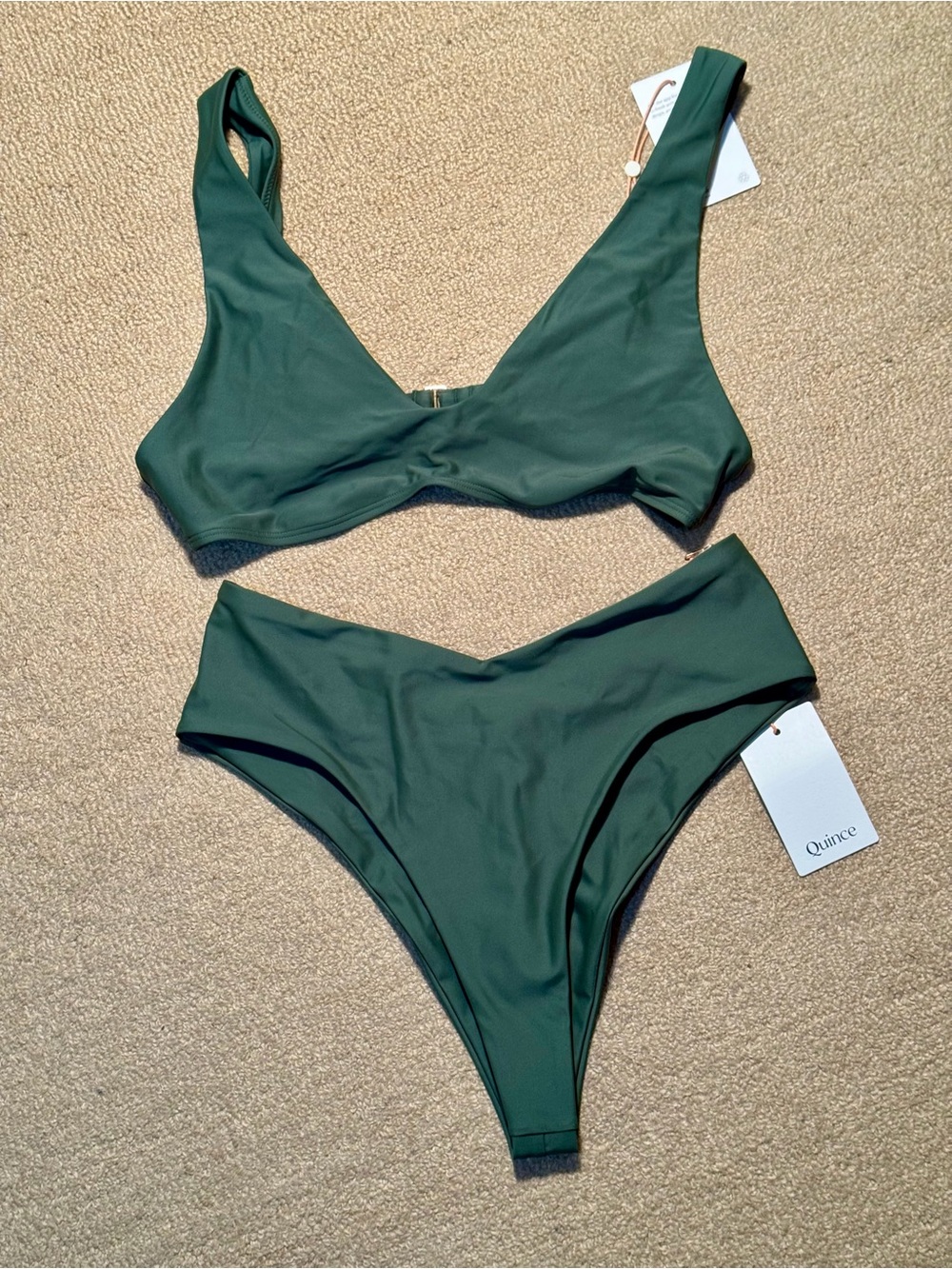 Quince Dark Green V-Neck Bikini Top with High-Waist Bottoms